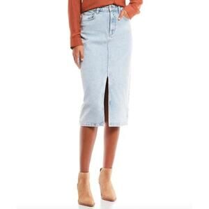 Gianni Bini Denim Midi Skirt Front Slit Rigid High Waist Blue US 2 NWT